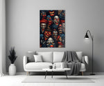 grinning dark carnival clown faces panel bringing character to a minimalist living room wall
