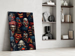 grinning dark carnival clown faces panel resting in a shelving niche in a modern interior