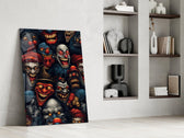 grinning dark carnival clown faces panel resting in a shelving niche in a modern interior