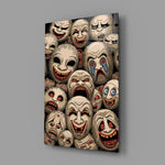 stacked sepia theatre masks glass wall art angled to show the polished tempered glass panel