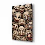 Sepia Theatre Masks Comedy Tragedy Glass Wall Art - Lifestyle preview in a designer interior
