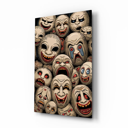 Sepia Theatre Masks Comedy Tragedy Glass Wall Art - Lifestyle preview in a designer interior