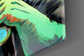 Close-up detail of the round red lenses of the goggles and the glowing green flask on the glass surface