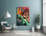 a mad scientist pouring a glowing green potion glass wall art styled above an armchair in a reading corner