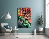 a mad scientist pouring a glowing green potion glass wall art styled above an armchair in a reading corner