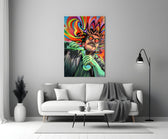 a mad scientist pouring a glowing green potion panel bringing character to a minimalist living room wall