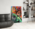 a mad scientist pouring a glowing green potion glass wall art leaning beside a dark leather sofa