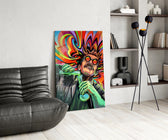 a mad scientist pouring a glowing green potion glass wall art leaning beside a dark leather sofa