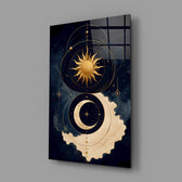 a gold sun and crescent moon on navy glass wall art angled to show the polished tempered glass panel
