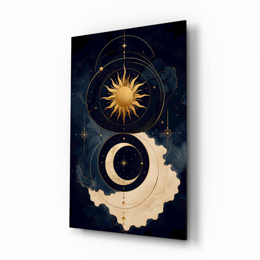 Navy and Gold Sun and Crescent Moon Glass Wall Art - Lifestyle preview in a designer interior