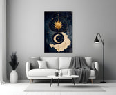 a gold sun and crescent moon on navy panel bringing character to a minimalist living room wall