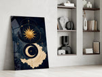 a gold sun and crescent moon on navy panel resting in a shelving niche in a modern interior