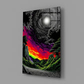 a neon valley under a moonlit rainbow sunset glass wall art angled to show the polished tempered glass panel