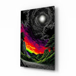 Neon Valley Moonlit Rainbow Sunset Glass Wall Art - Lifestyle preview in a designer interior