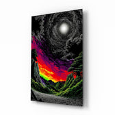Neon Valley Moonlit Rainbow Sunset Glass Wall Art - Lifestyle preview in a designer interior