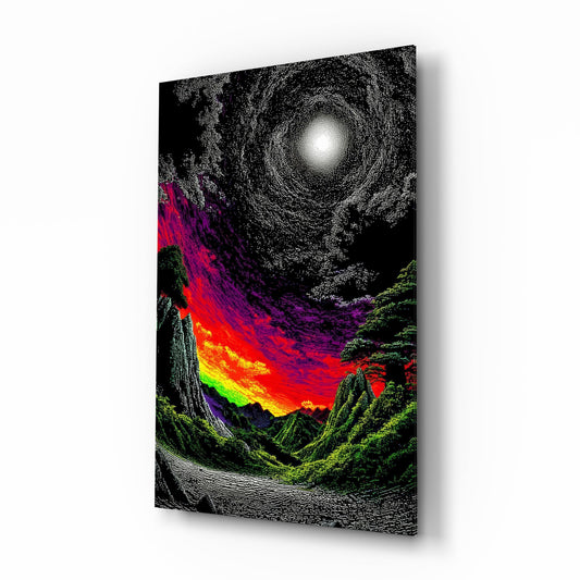 Neon Valley Moonlit Rainbow Sunset Glass Wall Art - Lifestyle preview in a designer interior