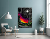 a neon valley under a moonlit rainbow sunset glass wall art styled above an armchair in a reading corner