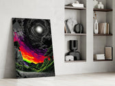 a neon valley under a moonlit rainbow sunset panel resting in a shelving niche in a modern interior