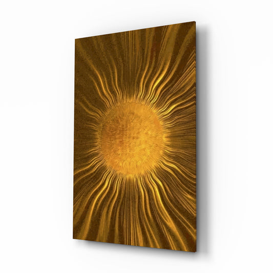 Golden Sunburst Radiant Metallic Glass Wall Art - Lifestyle preview in a designer interior