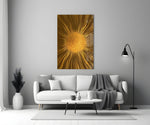 a radiant golden sunburst panel bringing character to a minimalist living room wall