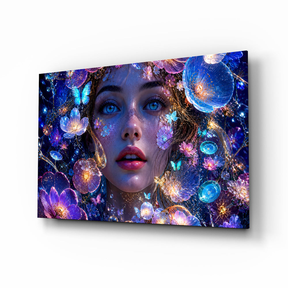Blue Eyed Woman Glowing Flowers Glass Wall Art - Lifestyle preview in a designer interior