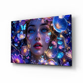 Blue Eyed Woman Glowing Flowers Glass Wall Art - Lifestyle preview in a designer interior