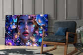 a blue-eyed woman among glowing flowers panel resting in a shelving niche in a modern interior