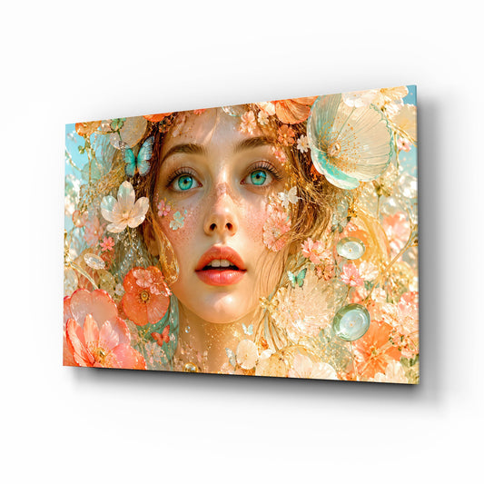 Peach Blossom Dreamer Portrait Glass Wall Art - Lifestyle preview in a designer interior