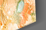 Close-up detail of the freckled cheek scattered with tiny glass petals on the glass surface