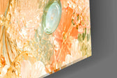 Close-up detail of the freckled cheek scattered with tiny glass petals on the glass surface