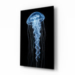 Blue Jellyfish on Black Deep Sea Glass Wall Art - Lifestyle preview in a designer interior
