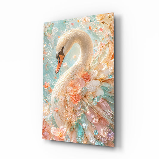 Peach and Mint Crystal Swan Glass Wall Art - Lifestyle preview in a designer interior