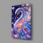a white swan under a violet starlit sky glass wall art angled to show the polished tempered glass panel