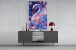 a white swan under a violet starlit sky glass wall art displayed above a console in a designer interior