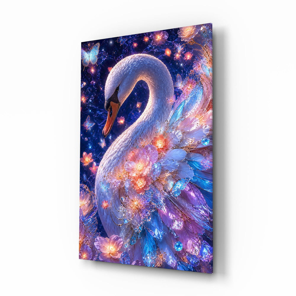 Violet Galaxy Crystal Swan Glass Wall Art - Lifestyle preview in a designer interior