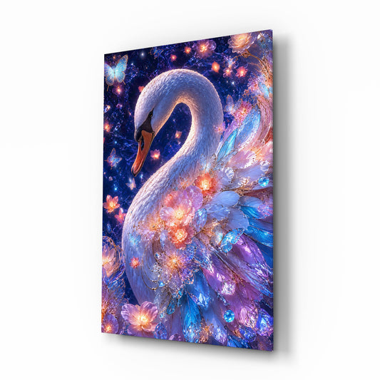 Violet Galaxy Crystal Swan Glass Wall Art - Lifestyle preview in a designer interior
