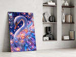 a white swan under a violet starlit sky panel resting in a shelving niche in a modern interior