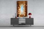 a sunlit library with floating pages glass wall art displayed above a console in a designer interior