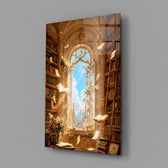 a sunlit library with floating pages glass wall art angled to show the polished tempered glass panel