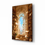 Floating Pages Sunlit Library Glass Wall Art - Lifestyle preview in a designer interior