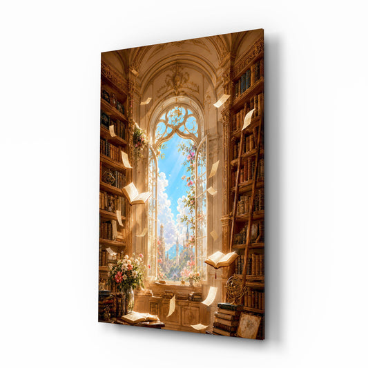 Floating Pages Sunlit Library Glass Wall Art - Lifestyle preview in a designer interior