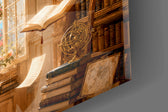 Close-up detail of the open books hanging mid-air beside the arched window on the glass surface