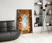 a sunlit library with floating pages glass wall art leaning beside a dark leather sofa