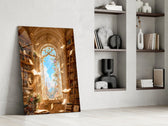 a sunlit library with floating pages panel resting in a shelving niche in a modern interior