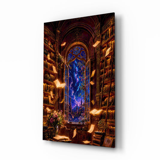Starlit Library Floating Books Glass Wall Art - Lifestyle preview in a designer interior