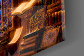 Close-up detail of the glowing open books suspended in the dark aisle on the glass surface