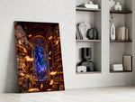 a candlelit library under a starlit sky panel resting in a shelving niche in a modern interior