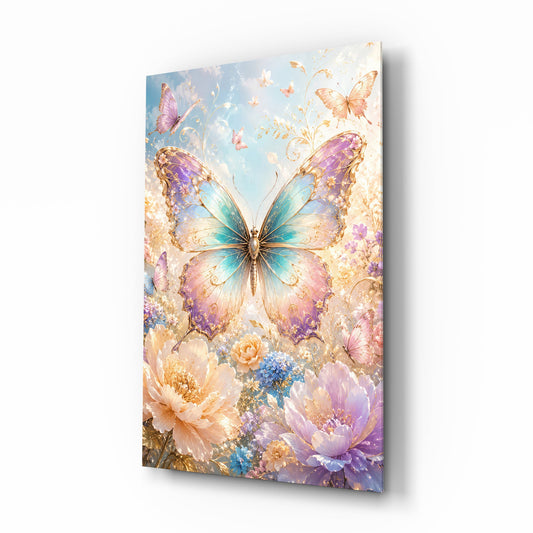 Iridescent Gold Filigree Butterfly Glass Wall Art - Lifestyle preview in a designer interior