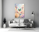 an iridescent butterfly over pastel flowers panel bringing character to a minimalist living room wall
