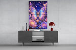gilded butterfly over a violet night garden glass wall art displayed above a console in a designer interior